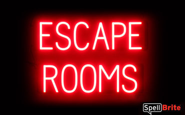 ESCAPE ROOMS sign, featuring LED lights that look like neon ESCAPE ROOMS signs