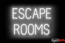 ESCAPE ROOMS sign, featuring LED lights that look like neon ESCAPE ROOMS signs