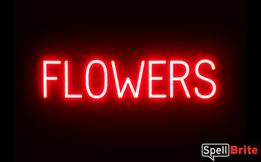 FLOWERS sign, featuring LED lights that look like neon FLOWER signs