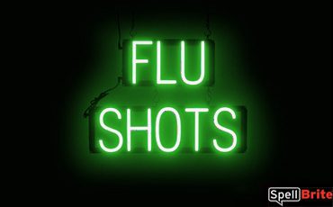 FLU SHOTS sign, featuring LED lights that look like neon FLU SHOTS signs