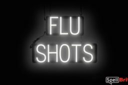 FLU SHOTS sign, featuring LED lights that look like neon FLU SHOTS signs