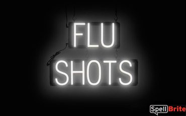 FLU SHOTS sign, featuring LED lights that look like neon FLU SHOTS signs