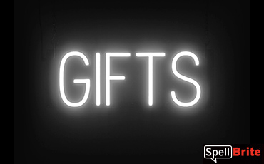 GIFTS sign, featuring LED lights that look like neon GIFT signs