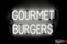 GOURMET BURGERS sign, featuring LED lights that look like neon GOURMET BURGERS signs