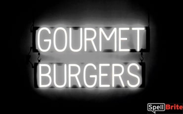 GOURMET BURGERS sign, featuring LED lights that look like neon GOURMET BURGERS signs