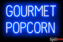 GOURMET POPCORN sign, featuring LED lights that look like neon GOURMET POPCORN signs