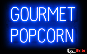GOURMET POPCORN sign, featuring LED lights that look like neon GOURMET POPCORN signs