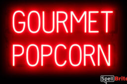 GOURMET POPCORN sign, featuring LED lights that look like neon GOURMET POPCORN signs
