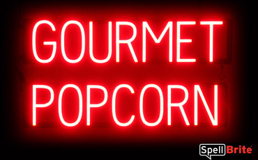 GOURMET POPCORN sign, featuring LED lights that look like neon GOURMET POPCORN signs