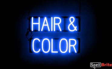 HAIR and COLOR sign, featuring LED lights that look like neon HAIR and COLOR signs