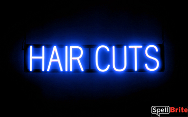 HAIR CUTS sign, featuring LED lights that look like neon HAIR CUT signs