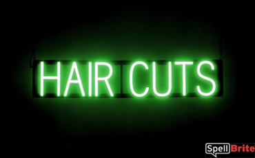 HAIR CUTS sign, featuring LED lights that look like neon HAIR CUT signs