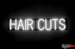 HAIR CUTS sign, featuring LED lights that look like neon HAIR CUT signs