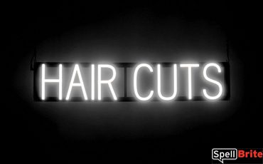 HAIR CUTS sign, featuring LED lights that look like neon HAIR CUT signs