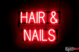 HAIR & NAILS sign, featuring LED lights that look like neon HAIR & NAILS signs