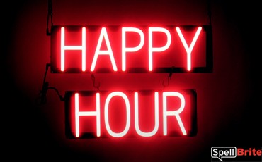 HAPPY HOUR sign, featuring LED lights that look like neon HAPPY HOUR signs