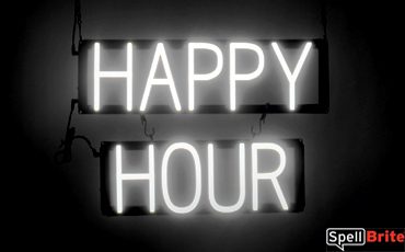 HAPPY HOUR sign, featuring LED lights that look like neon HAPPY HOUR signs