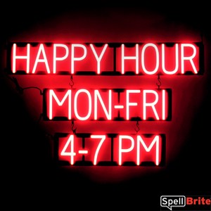 HAPPY HOUR MON-FRI 4-7 PM sign, featuring LED lights that look like neon HAPPY HOUR MON-FRI 4-7 PM signs