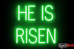 HE IS RISEN sign, featuring LED lights that look like neon HE IS RISEN signs