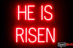 HE IS RISEN sign, featuring LED lights that look like neon HE IS RISEN signs
