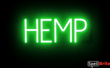 HEMP sign, featuring LED lights that look like neon HEMP signs