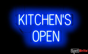 KITCHENS OPEN sign, featuring LED lights that look like neon KITCHENS OPEN signs