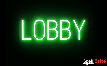 LOBBY sign, featuring LED lights that look like neon LOBBY signs