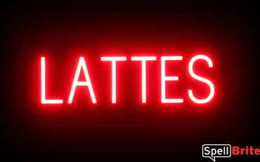 LATTES sign, featuring LED lights that look like neon LATTES signs