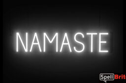 NAMASTE sign, featuring LED lights that look like neon NAMASTE signs