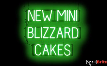 MINI BLIZZARD CAKES sign, featuring LED lights that look like neon MINI BLIZZARD CAKES signs