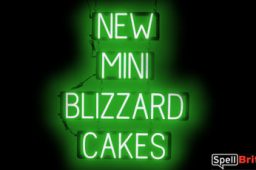 MINI BLIZZARD CAKES sign, featuring LED lights that look like neon MINI BLIZZARD CAKES signs