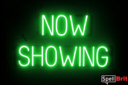 NOW SHOWING sign, featuring LED lights that look like neon NOW SHOWING signs