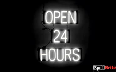 OPEN 24 HOURS sign, featuring LED lights that look like neon OPEN 24 HOURS signs