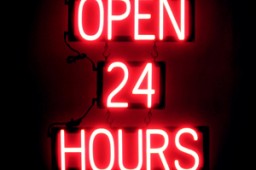 OPEN 24 HOURS lighted LED signage that uses changeable letters to make personalized signs