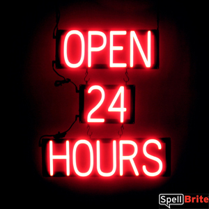 OPEN 24 HOURS lighted LED signage that uses changeable letters to make personalized signs