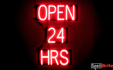 OPEN 24 HRS illuminated LED signage that uses click-together letters to make window signs