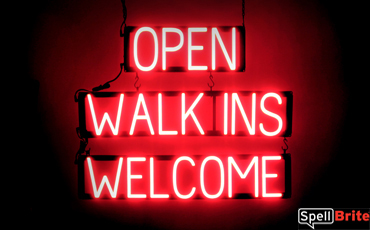 OPEN WALK INS WELCOME LED glowing signs that use changeable letters to make window signs