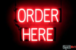 ORDER HERE sign, featuring LED lights that look like neon ORDER HERE signs