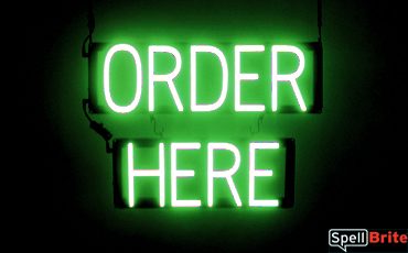 ORDER HERE sign, featuring LED lights that look like neon ORDER HERE signs