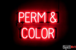 PERM & COLOR sign, featuring LED lights that look like neon PERM & COLOR signs