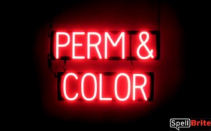 PERM & COLOR sign, featuring LED lights that look like neon PERM & COLOR signs