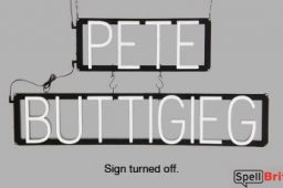 PETE BUTTIGIEG sign, featuring LED lights that look like neon PETE BUTTIGIEG signs