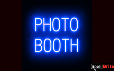 PHOTO BOOTH sign, featuring LED lights that look like neon PHOTO BOOTH signs