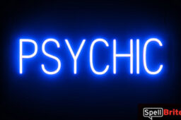 PSYCHIC sign, featuring LED lights that look like neon PSYCHIC signs