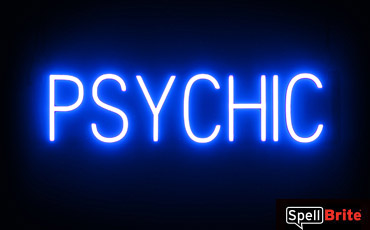 PSYCHIC sign, featuring LED lights that look like neon PSYCHIC signs
