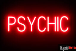 PSYCHIC sign, featuring LED lights that look like neon PSYCHIC signs