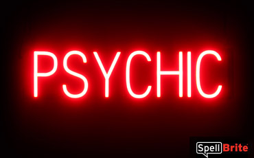 PSYCHIC sign, featuring LED lights that look like neon PSYCHIC signs