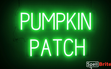 PUMPKIN PATCH sign, featuring LED lights that look like neon PUMPKIN PATCH signs