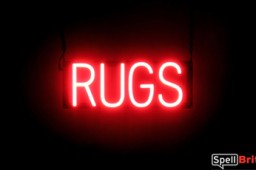 RUGS sign, featuring LED lights that look like neon RUG signs