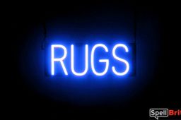 RUGS sign, featuring LED lights that look like neon RUG signs